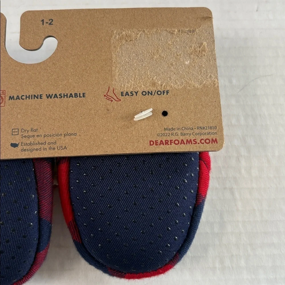 Dearfoams Baby Bear Red Blue Plaid Baby Slippers Memory Foam Size 1/2